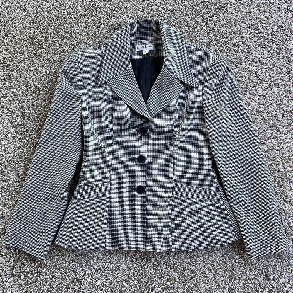 Bebe‎ San Francisco Suit Jacket Size 2 Petite Houndstooth 3-Button Wool Blazer